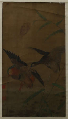 A CHINESE SCROLL PAINTING OF DOUBLE BIRDS BY WANG YUAN