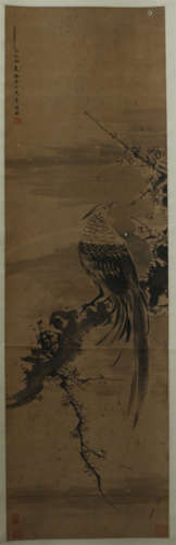 A CHINESE SCROLL PAINTING OF EAGLE ON TREE BY LI YIN