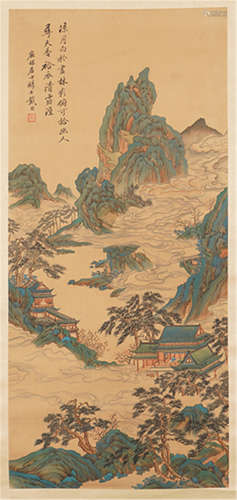 A CHINESE SCROLL PAINTING OF LANDSCAPE WITH CALLIGRAPHY BY DA XI