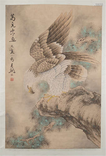 A CHINESE SCROLL PAINTING OF  EAGLE ON PINE  BY GAO JIANFU