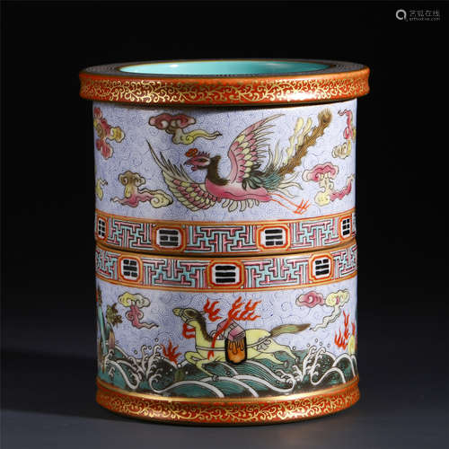 A CHINESE PORCELAIN ENAMEL FLOWER  PHOENIX PATTERN BRUSH POT