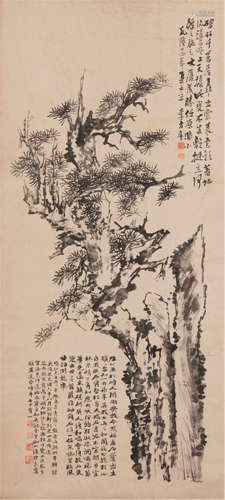 A CHINESE SCROLL PAINTING OF PINE ON ROCK WITH CALLIGRAPHIC BY LI FANGYONG
