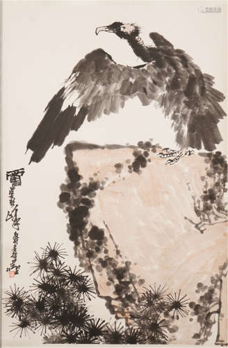 A CHINESE SCROLL PAINTING EAGLE ON ROCK BY PAN TIANSHOU