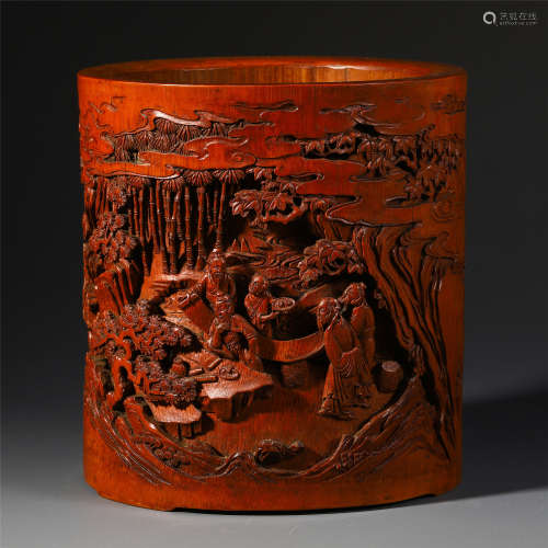 A CHINESE BAMBOOCARVING FIGURES AND STORY BRUSH POT