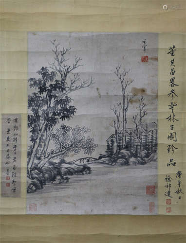 A CHINESE SCROLL PAINTING OF  MOUNTAIN VIEWS WITH CALLIGRAPHY  BY DONG QICHANG