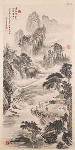 A CHINESE SCROLL PAINTING OF MOUNTAIN VIEWS  WITH CALLIGRAPHY BY WANG HUI