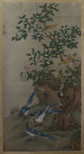 A CHINESE SCROLL PAINTING OF FLOWER AND BIRDS  BY LU JI