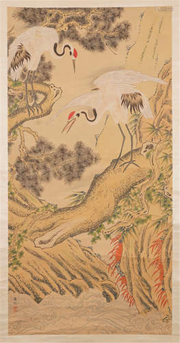 A CHINESE SCROLL PAINTING OF  DOUBLE CRANES ON PINE  BY LV JI