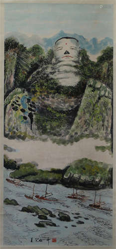 A CHINESE SCROLL PAINTING OF  MAITREYA IN MOUNTAIN VIEWS BY WU GUANZHONG