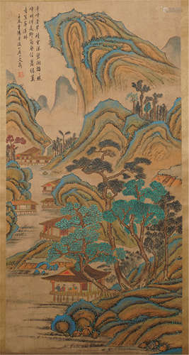 A CHINESE SCROLL PAINTING OF MOUNTAIN VIEWS  WITH CALLIGRAPHY BY WEN DING