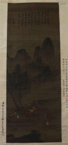 A CHINESE SCROLL PAINTING OF FIGURES IN MOUNTAIN VIEWS BY ZHAO ZIANG