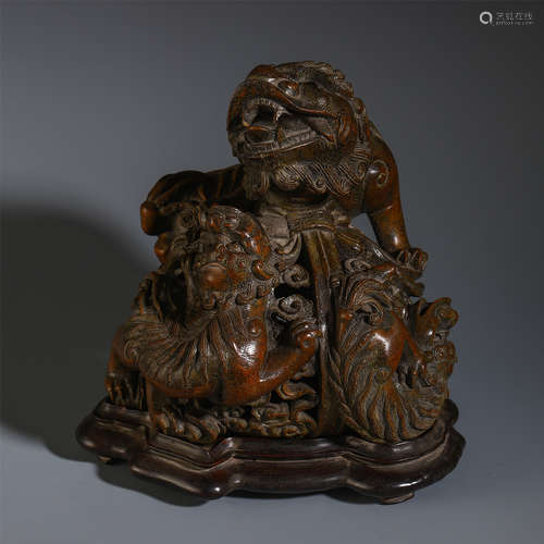 CHINESE AGALWOOD CARVED TRIPLE BEAST TABLE ITEM