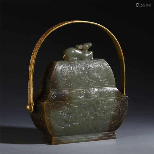 CHINESE ANCIENT JADE GILT CARVED DRAGON PHOENIX LONG HANDLE KETTLE