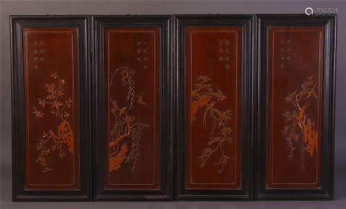 FOUR PANELS OF CHINESE ROSEWOOD HANGED SCREENS CARVED BAMBOO AND PLUM