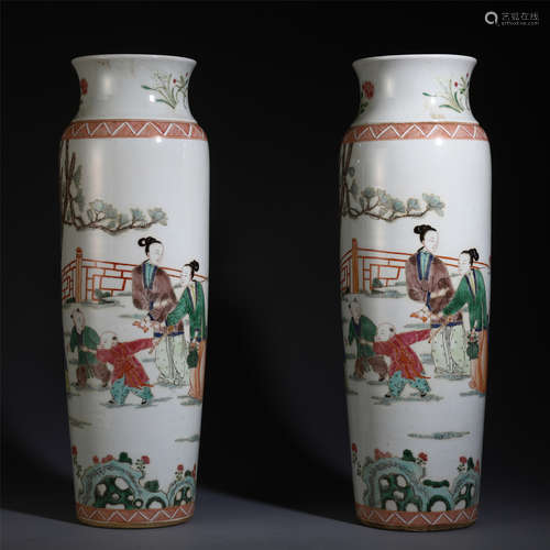 A PAIR OF CHINESE WUCAI PORCELAIN FIGURE AND STORY VASES