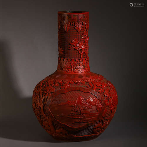 CHINESE CINNABAR CARVED MOUNTAIN VIEWS TIAN QIU VASE