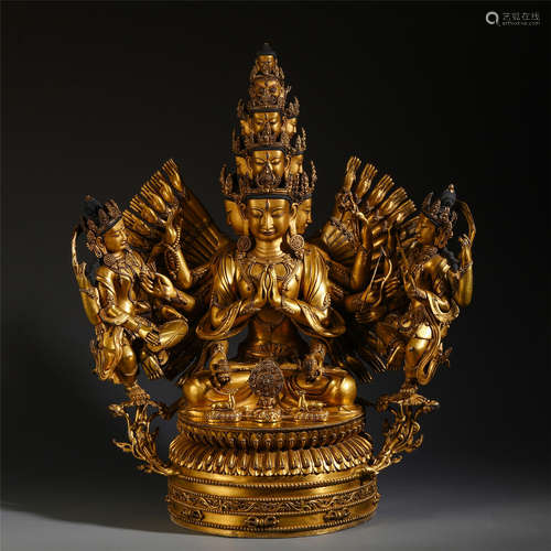 CHINESE GILT BRONZE EIGHT ARM GUANYIN ON LOTUS