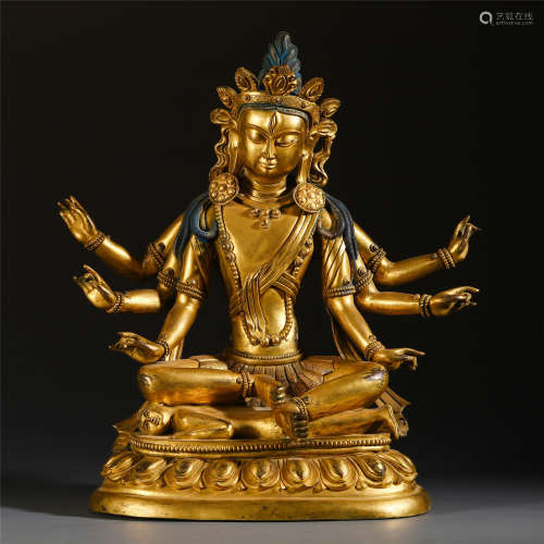 A CHINESE TIBETAN GILT BRONZE SIX ARM TARA WITH LOTUS