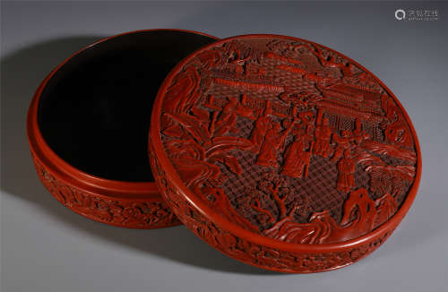 A CHINESE CINNABAR CARVED FIGURES AND STORY ROUND LIDDED BOX