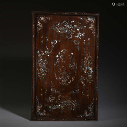 CHINESE ROSEWOOD CARVED FLOWER MOTHER OF PEARL INLAID PLATE