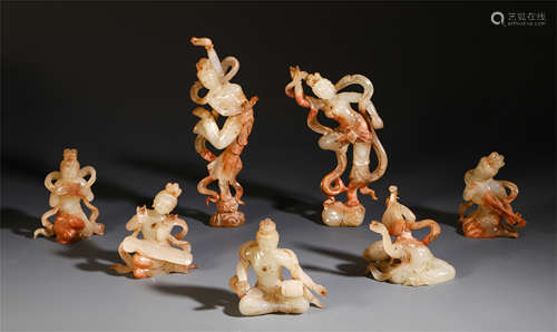 SEVEN OF CHINESE ANCINET JADE CARVED BEAUTY FIGURES