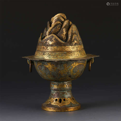 A CHINESE GILT BRONZE CARVED BEAST PATTERN BOSHAN CENSER ON PHOENIX STAND