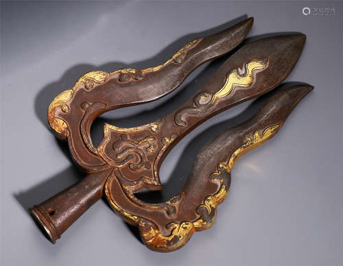 A CHINESE GILT IRON HALBERD