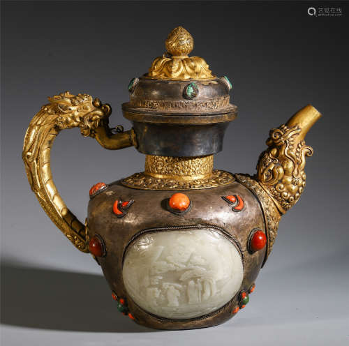 A CHINESE SILVER GEM STONE INLAID TEAPOT