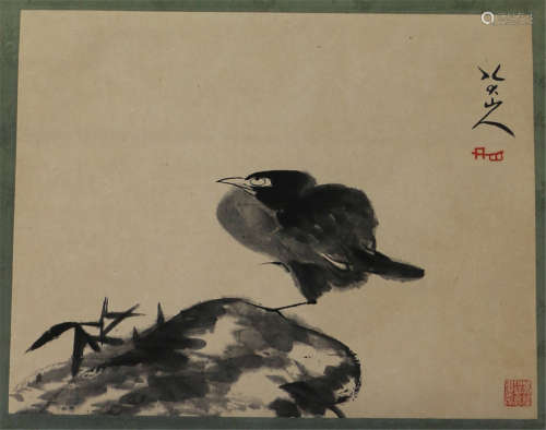 A CHINESE SCROLL PAINTING OF CHICK ON ROCK  BY BADA SHANREN