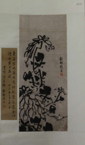 A CHINESE CALLIGRAPHIC PAINTING SCROLL OF CHRYSANTHEMUM INK ON PAPER