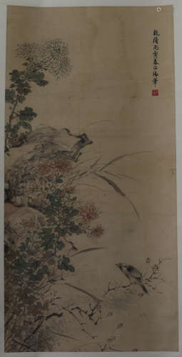 A CHINESE SCROLL PAINTING OF BIRD AND FLOWR ON ROCK  BY QIAN LONG