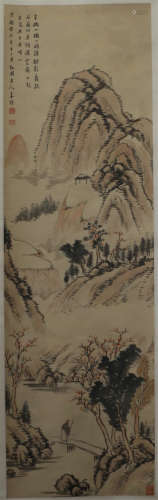 A CHINESE SCROLL PAINTING OF FIGURE IN MOUNTAIN VIEWS BY CHENG JIASUI