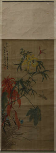 A CHINESE SCROLL PAINTING OF CHRYSANTHEMUM AND DRAGONFLY BY TANG SHIXIE