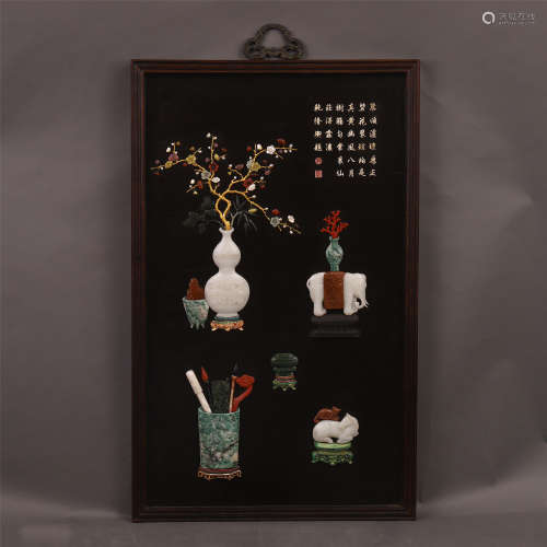 A CHINESE ROSEWOOD GEM STONE INLAID HANGED SCREENS