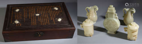 A SET CHINESE JADE CARVED CUP  VASE OR EWER AND MACHING BOX