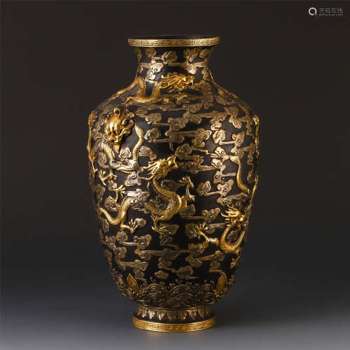 A CHINESE GILT BRONZE CARVED DRAGON VASE