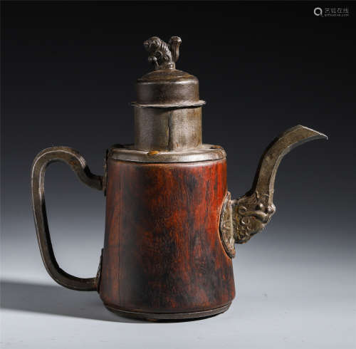 A CHINESE ROSEWOOD SILVER INLAID TEAPOT