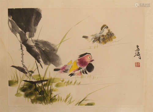 A CHINESE SCROLL PAINTING OF LOTUS DUCK IN RIVER BY WANG XUETAO