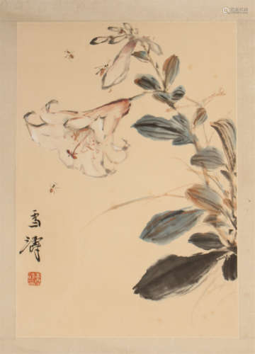A CHINESE SCROLL PAINTING OF FLOWER BLOSSOMMING  BY WANG XUETAO
