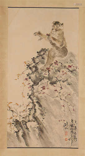 A CHINESE SCROLL PAINTING OF MONKEY ON ROCK BY GAO JIANFU