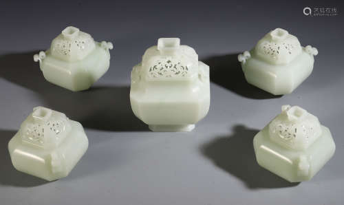 FIVE OF CHINESE JADE CARVED TRIPLE FEET LIDDED CENSER
