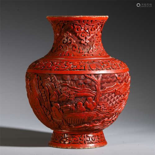 A CHINESE CINNABAR CARVED FIGURES AND STORY VASE