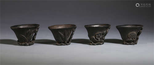 FOUR OF CHINESE AGALWOOD CARVED FLOWER CUP