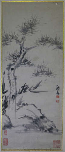A CHINESE SCROLL PAINTING OF PINE ON ROCK  BY SHI TAO