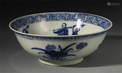 AN ANCIENT CHINESE BLUE AND WHITE FLOWER AND FIGURES BOWL