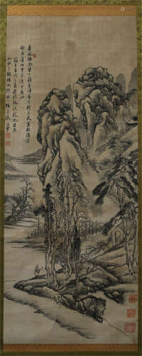 A CHINESE CALLIGRAPHIC PAINTING SCROLL OF LANDSCAPE   BY WANG HUI