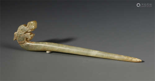 A CHINESE ANCIENT JADE CARVED DRAGON HEAD HAIR PIN