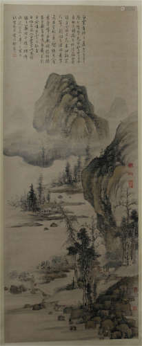 A CHINESE CALLIGRAPHIC PAINTING SCROLL OF FIGURES  IN LANDSCAPE   BY SHI XI