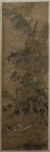 A CHINESE SCROLL PAINTING OF FLOWER AND BIRD  BY QIAN ZAI