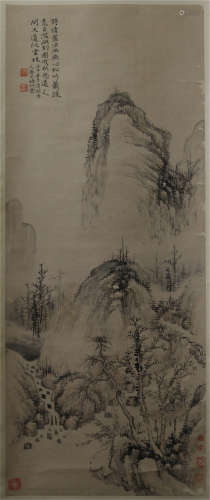 A CHINESE CALLIGRAPHIC PAINTING SCROLL OF MOUNTAIN VIEWS   BY SHI TAO